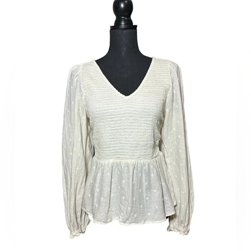 Smocked Top with Peplum Waist Long Sleeve size Medium Boho Cottagecore Classic
